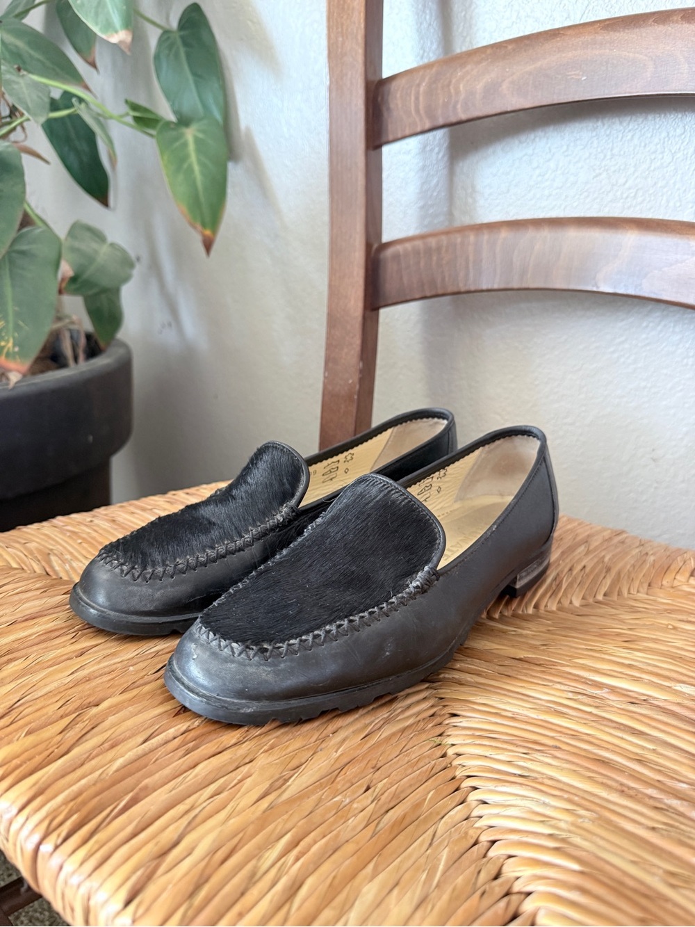Brunate‎ Italy 1926 Black Leather Pony Hair Loafers Shoes Womens 37.5 299